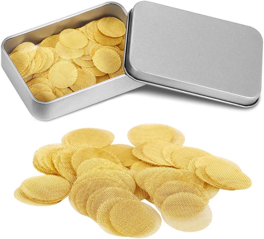 150 Pieces Brass Pipe Screens, 3/4 Inch (0.75") Pipe Screen Filters, Premium Screens for Smoking Pipes with Storage Box
