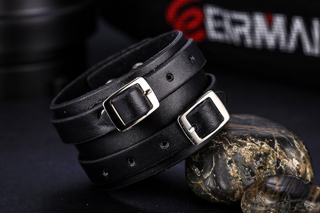 JewelryWe Wide Strap Leather Cuff Wrap Gothic Wristband Bracelet - Black(with Gift Bag), 24 cm - Image 3