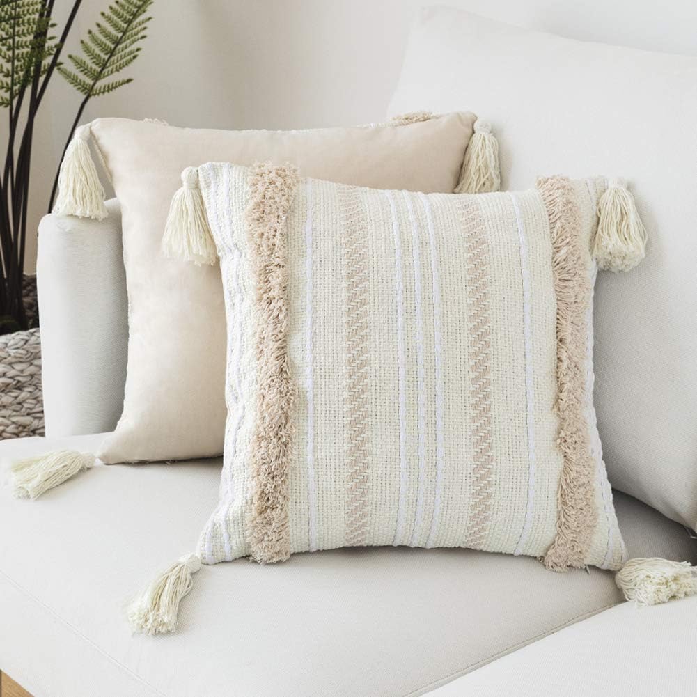 blue page Boho Neutral Decorative Throw Pillow Covers, Woven Tufted Pillows Cover for Couch Sofa Bedroom Living Room, Indoor Outdoor Pillow Cases with Tassels (18X18 inch, Yellowy Cream): Home & Kitchen