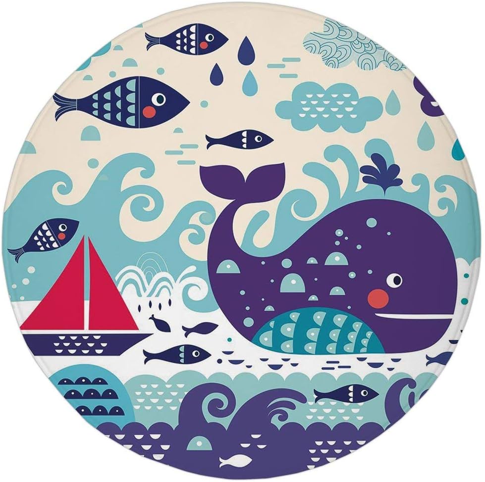 Round Rug Mat Carpet,Ocean Animal Decor,Marine Traffic with Whale Sailboat and Fish with Cloud and Waves Print,Purple,Flannel Microfiber Non-Slip Soft Absorbent,for Kitchen Floor Bathroom