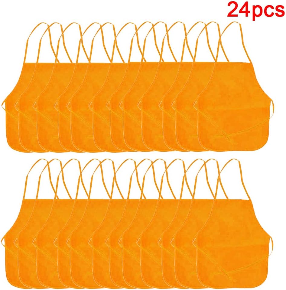 FABSELLER Kids Artists Apron Children Painting Aprons Colorful DIY Protective Aprons Disposable Non-woven Fabric Aprons for Kitchen Classroom Art Crafts Preschool Supplies, 24pcs-Orange