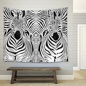 Illustration Pattern Background Zebras Skins and Heads - Fabric Wall Tapestry Home Decor - 51x60 inches