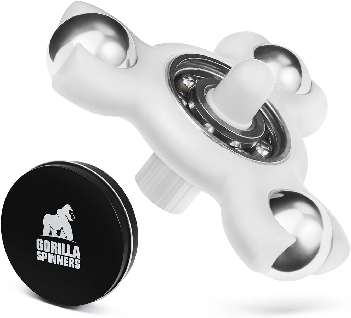 Gorilla Spinners - Upgraded High Speed Fidget Spinner Toy with 3 Stainless Steel Balls and Spinning Top Attachment in Premium Metal Gift Box (White)