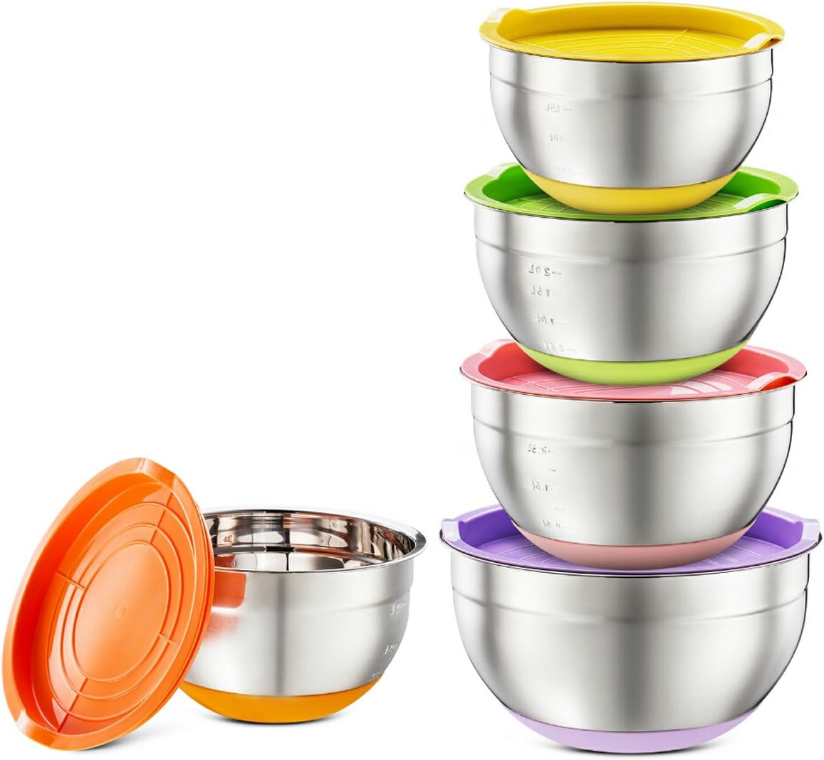 Hexun 5 Piece Stainless Steel Mixing Bowl Set with Colorful Lids, Non Slip Colorful Silicone Bottoms with Thickening and Volume Measurements Salad Bowls/Egg Beating Bowls (Thickening Colorful)