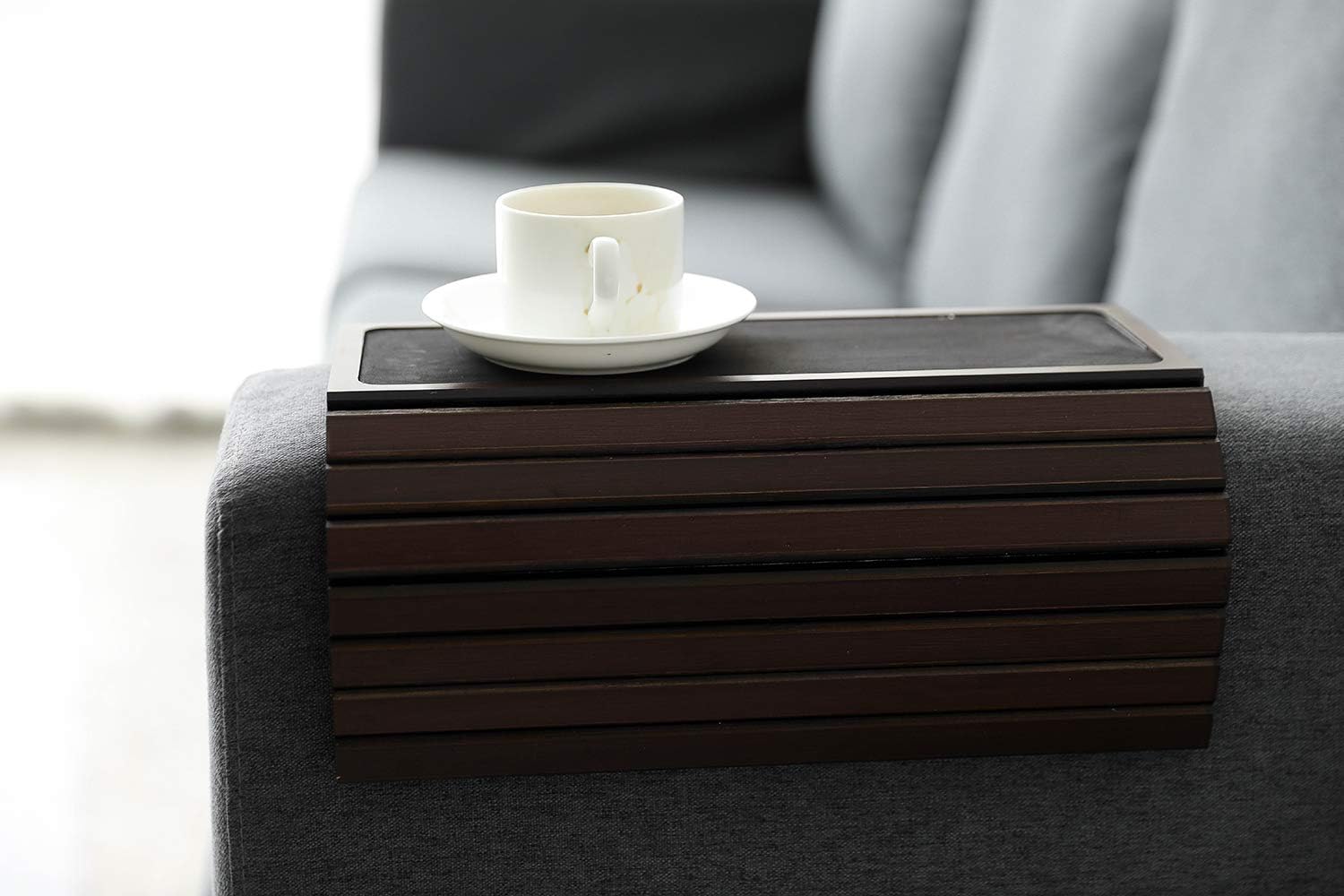 Sofa Arm Tray Table Slinky Secure/Flexible/Foldable Couch Tray Table with Non-Slip Mat for Drinks, Food, Phone or Remote. Sustainable Slinky Bamboo Design (16.5" L x 13.25" W x 0.4" H, Walnut Brown): Kitchen & Dining