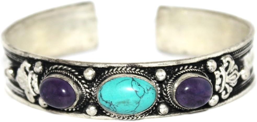 Turquoise Amethyst Bracelet Tibetan Cuff Bracelet, Nepal Bracelet, Yoga Bracelet