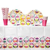 Cedar Crate Market Cupcake Birthday Party Supplies Pack for 16 Guests: Straws, Dinner Plates, Luncheon Napkins, Table Cover, and Cups