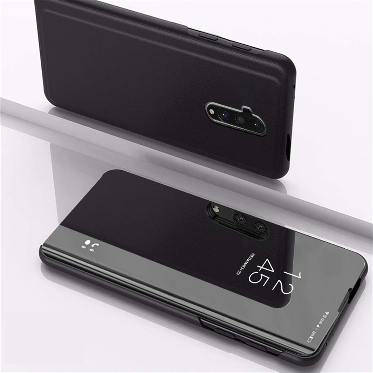 OnePlus 7T Pro Case,Clear Flip Electroplated Metal Technology Cover,PC+PU Leather Shockproof Kickstand Protective Armor Case,for OnePlus 7T Pro (Black)