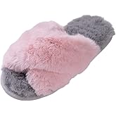 E E EMPTY ENTIRE Women's Fuzzy Slippers Cross Band House Shoes Memory Foam Open Toe Slippers for Color: Pink/Grey Size 7-7.5