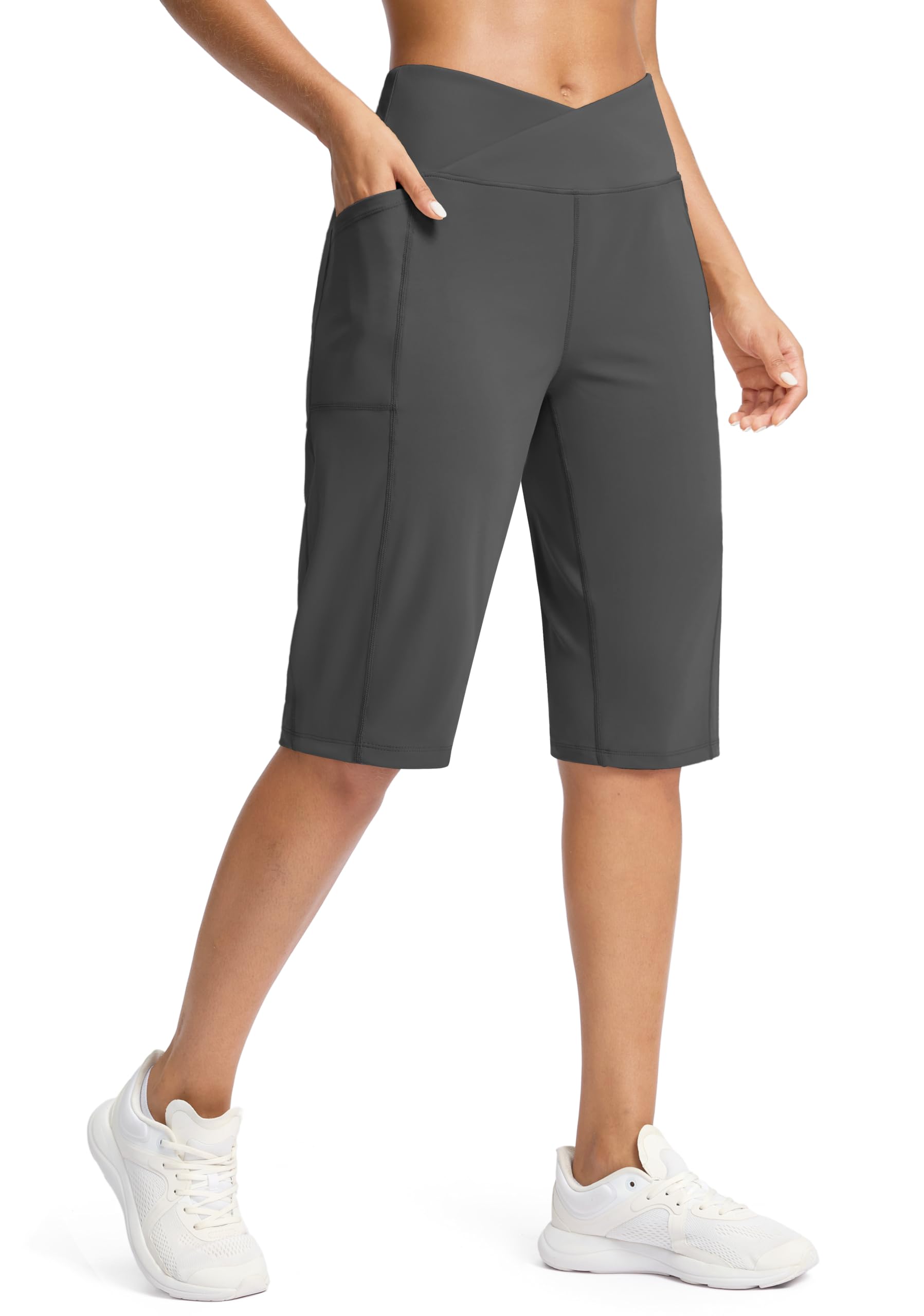 Photo 1 of G Gradual Women's 14" Bermuda Long Shorts Knee Length High Waisted Athletic Shorts with Pockets Stretch Casual Summer Walking(Dark Grey,S)