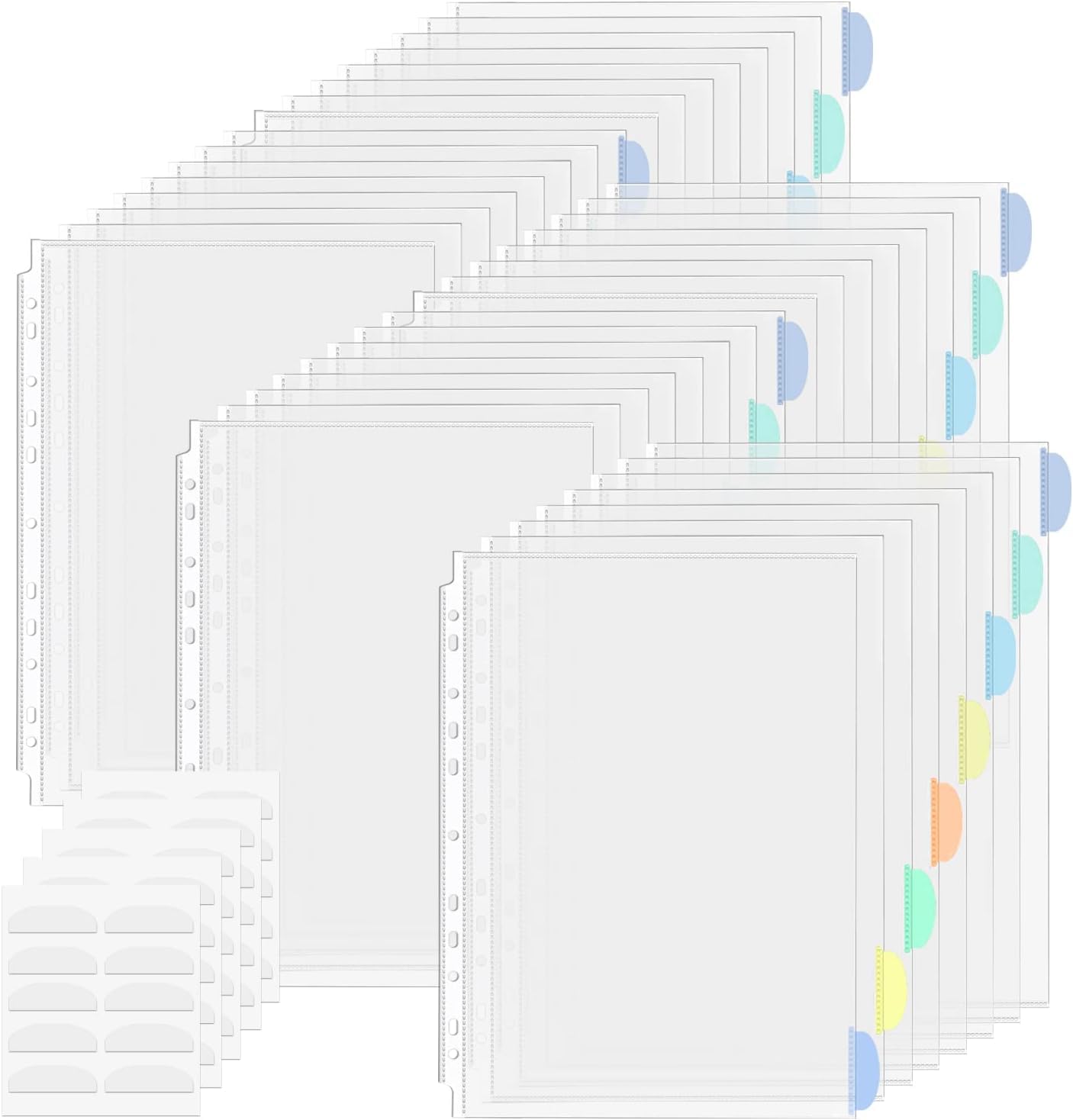 40 Pack A4 Plastic Sleeves Binder Separators with Tabs Binder Pocket 11 Holes Tabs Divider Binder Folders for 2/3/4 Ring Document Pouch Transparent for School Home Office
