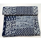 Queen/Twin/King Multi Indigo Blue Cotton Kantha Quilt Handmade Indian Bedspread Hand Block Print Natural Color Vegetable Dye Indigo Print Indigo Bed Cover Hand Throw (90X108 inches)