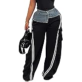 LETSVDO Women's Wide Leg Cargo Sweatpants High Waist Baggy Denim Patchwork Pants Casual Striped Track Pants