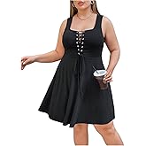 Verdusa Women's Plus Size Lace Up Tank Dress Sleeveless Square Neck High Waisted A Line Mini Dresses