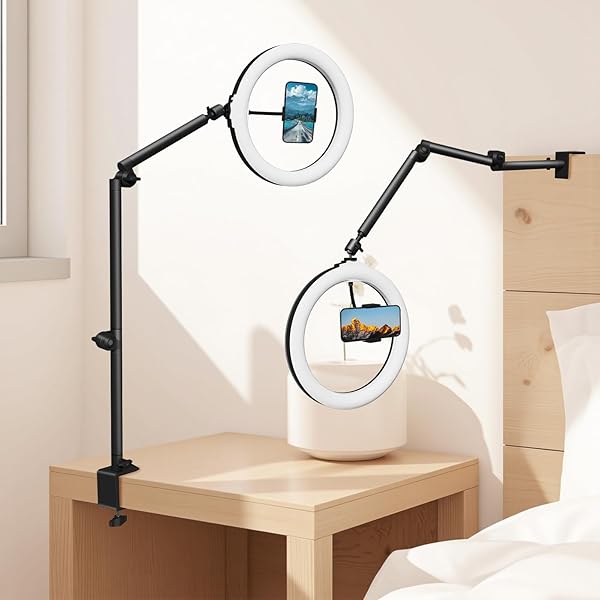 Desk Ring Light with Overhead Camera Mount, 12" Selfie RBG LED Lighting with Phone Holder for Video Recording, Tiktok, Streaming, Content Creation & Zoom Calls