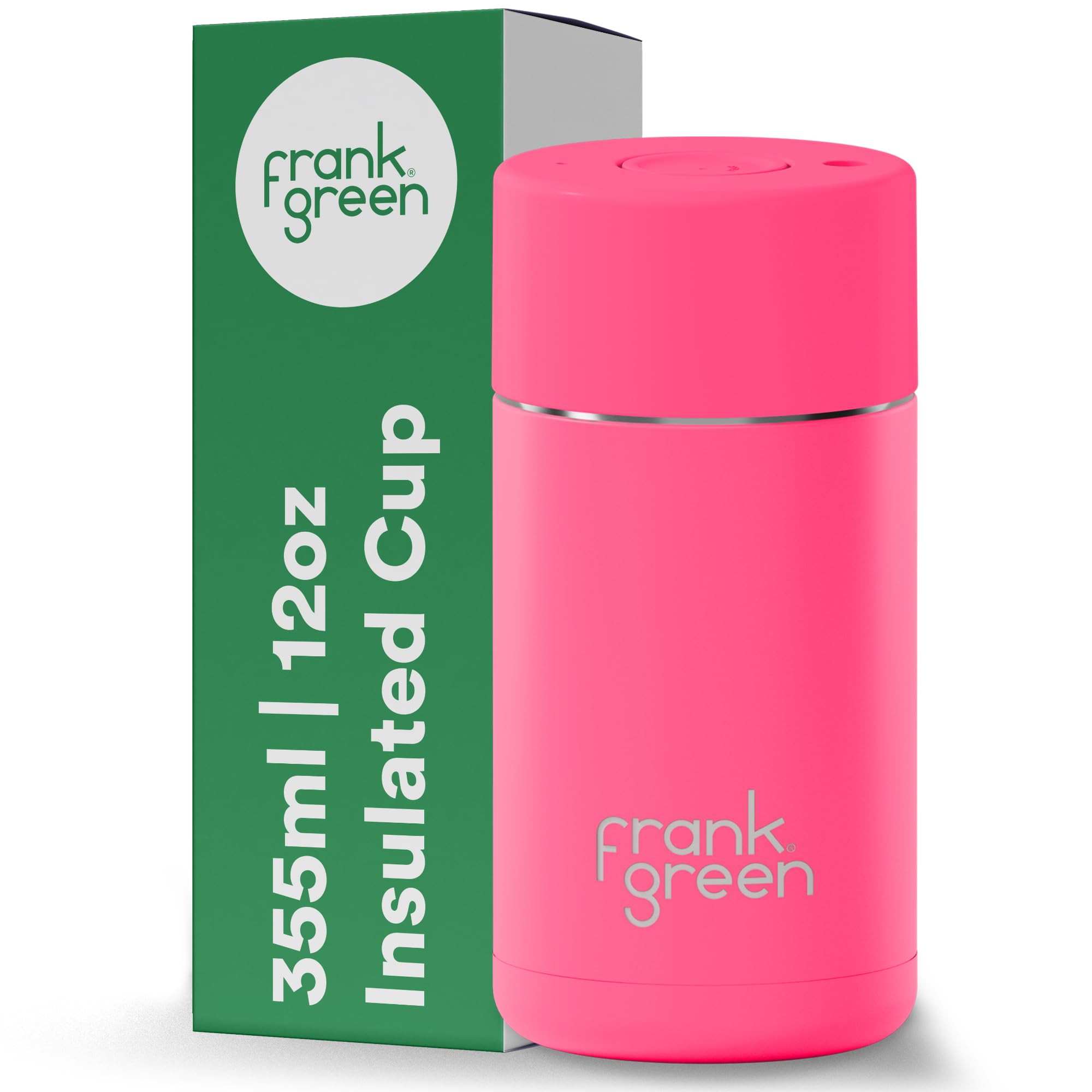 frank green Insulated Travel Mug for Cold Or Hot Drinks - 355ml/12oz Reusable Coffee Cup with Push-Button Lid, Ceramic Lined, Triple Wall Vacuum - Neon Pink