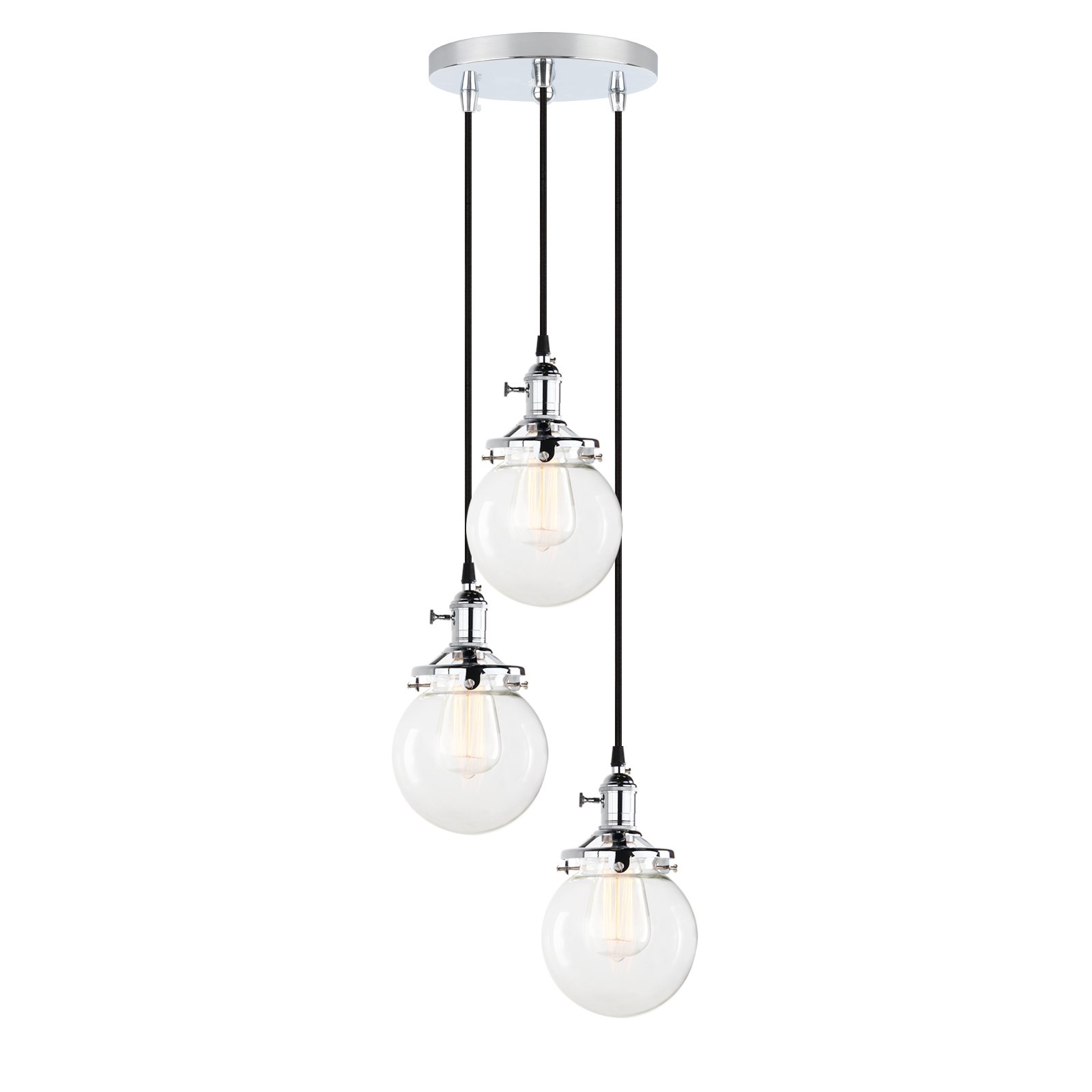 PathsOn Industrial Modern Vintage Loft Bar Edison Ceiling Pendant Lights Fitting Switched Chandelier Glass Globe 3 Lights Hanging Light Fixture for Island Living Room Dining Room Bedroom (Chrome)