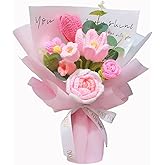 Crochet Flowers Bouquet, Handmade Crochet Rose Bouquet Pink,Knitted Flowers,Crochet Flowers Rose Tulip Lily of The Valley for Home Decor,Valentine's Day,Mother's Day,Christmas,Birthday Gifts