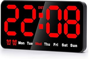 SZELAM Digital Wall Clock, 9" LED Digital Alarm Clock Large Display with 3-Level Brightness, DST, Big Digits,Modern Desk Clock for Bedroom Office -Red