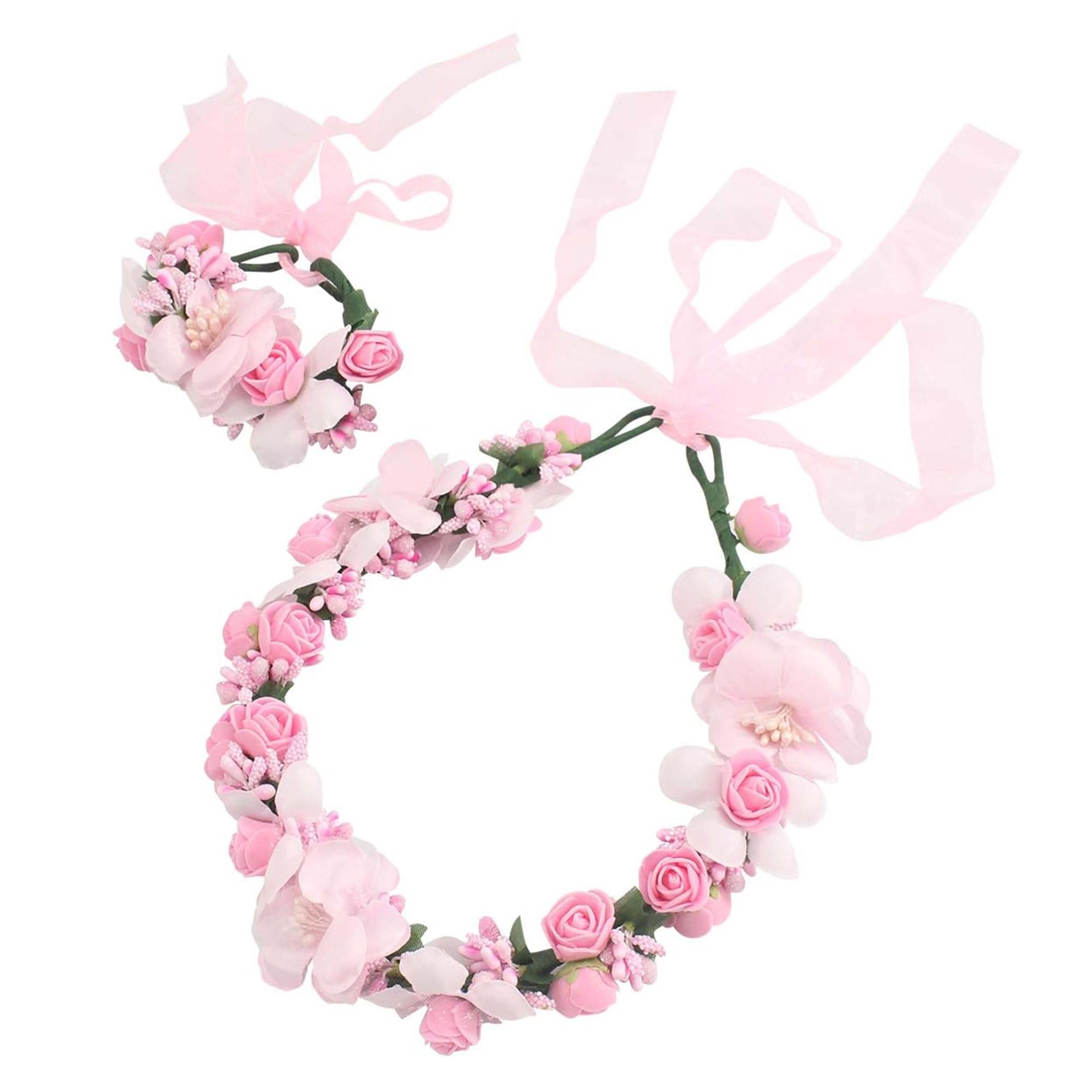 Photo 1 of Floral Crown Wrist Bands Set For Women | Wedding Hair Accessories | Adjustable Hair Crowns for Women, Flower Crown | Headbands with Ribbon Garland Wristbands | Accessories for Weddings, Parties, Pink