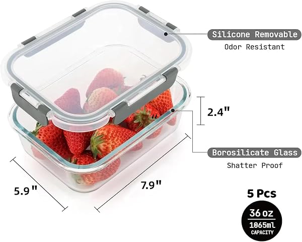 CUISELECT 5 PACK 36 OZ GLASS MEAL PREP CONTAINERS WITH LIDS, REUSABLE GLASS FOOD STORAGE AIRTIGHT LUNCH CONTAINERS WITH LIDS, LEAK PROOF, MICROWAVE, OVEN, FREEZER AND DISHWASHER SAFE (GRAY)