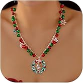 Aonklot Christmas Necklaces for Women Gold Charm Necklace Dangle Bell Bow Tree Snowflake Santa Claus Wreath Candy Cane Red Green Statement Jewelry Gifts Stocking Stuffers