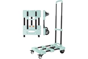 WARMYOU Heavy-Duty 500LB Capacity Hand Truck with One-Touch Retractable Handle & Extendable Plate, Portable Collapsible Dolly Cart with 4 Wheels w/Brakes Folding Luggage Cart for Travel/Home Use, Green
