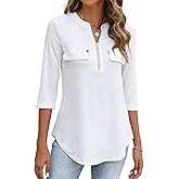 Halife Women's 3/4 Length Sleeve V Neck Flowy Tunic Blouses Work Tops Shirts with Zippers