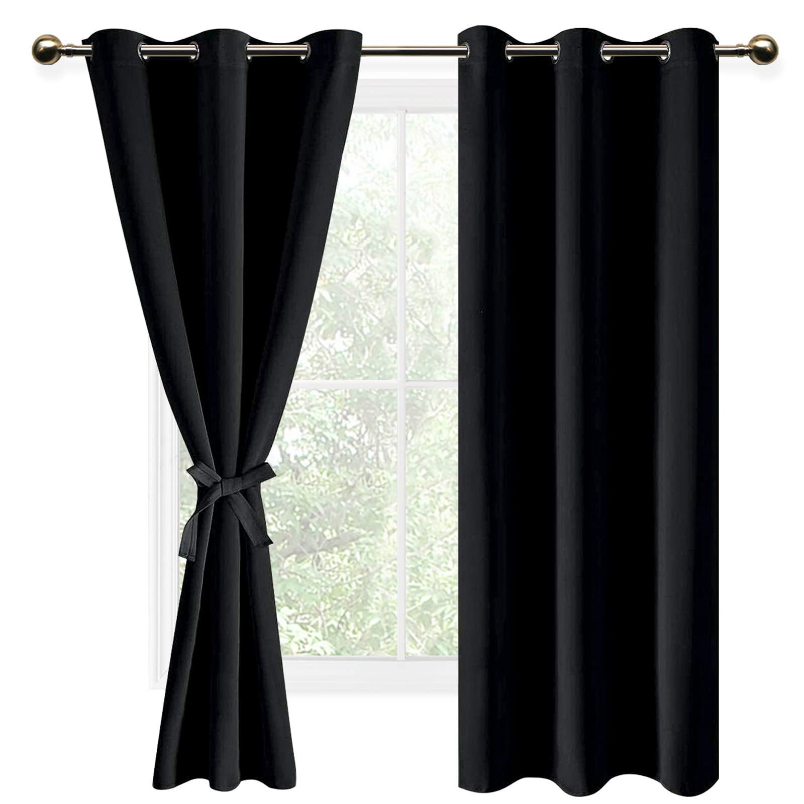 DWCN Black Blackout Curtains with Tiebacks for Bedroom Thermal Insulated Solid Eyelet Curtains for Living Room,2 Panels,46" Wide x 72" Drop — image 1