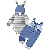 BeQeuewll My First Easter Baby Boy Outfit Infant Stripe Romper Bunny Letter Embroidery Overalls Pants Set Newborn Outfits