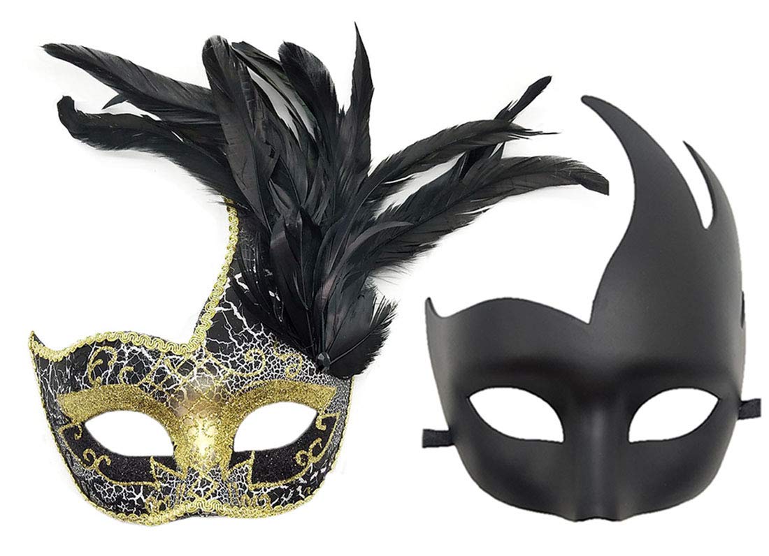 Coolwife Couple Feather Mask Masquerade Halloween Mardi Gras Cosplay Party Costume Masks (Couple A Black)