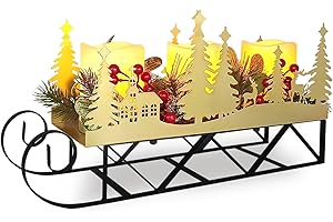 SUNNYPARK Christmas Sleigh Table Centerpieces Decorations, Xmas Gold Cut-Out Tree Sleigh LED Candle Candelabrum with Timer Holiday Candle Holder for Home Party Table Mantel Decoration