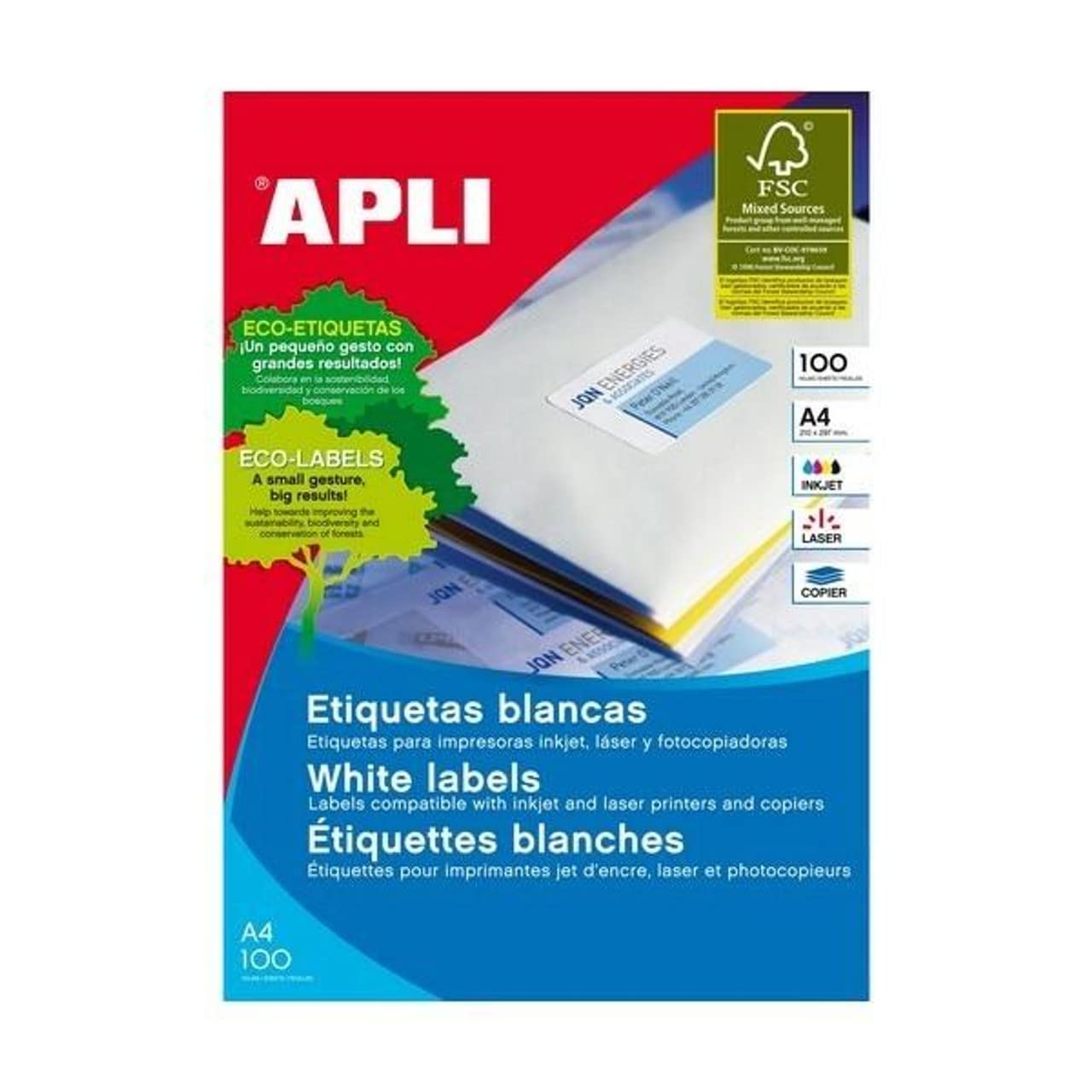 Apli 002698 - Box of 100 white labels for printer 210X297