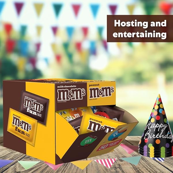 M&M’S MILK CHOCOLATE & M&M’S PEANUT FUN SIZE CANDY INDIVIDUALLY WRAPPED MILK CHOCOLATE VARIETY PACK PANTRY CUBE EASY OPEN AND CLOSE DISPENSER FOR CONVENIENT SNACKING, 50 CT BULK BOX