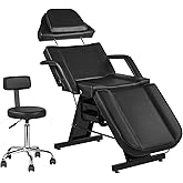 V VDLONSY Facial Chair Tattoo Chair for Client Beauty Chair Artist Spa Bed Removable Headrest for Client, Artist, Lash Bed with Stool Black