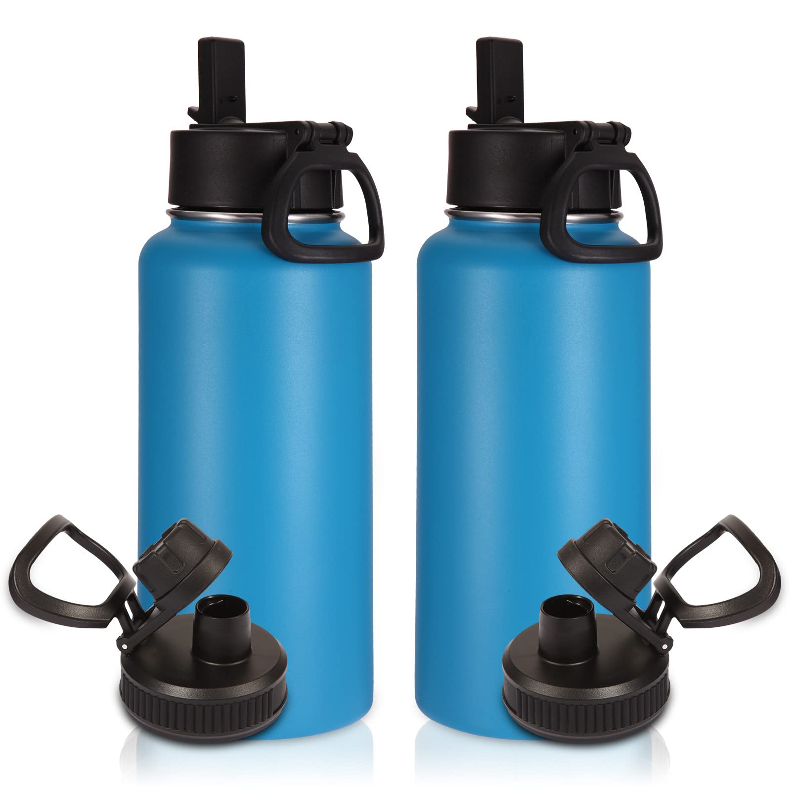 Volhoply 1 Litre Insulated Water Bottles Bulk 2 Pack with Straw & Spout Lid,Stainless Steel Sports Water Bottle,Double Wall Vacuum Tumbler,Leakproof Wide Mouth Metal Flask for Hiking,Camping(Blue,2)