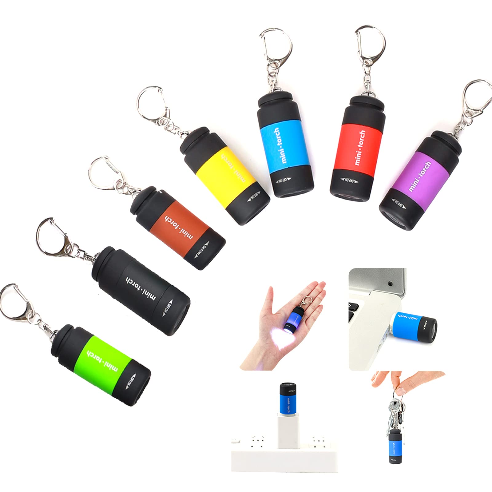 Cussity Small Torch, 7 Packs USB Mini Keyring Torch Rechargeable, Colorful Kids Torches for Camping/Hiking Outdoor Gifts, Waterproof Pockets Torch Flashlight for Backpack/Belt