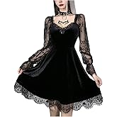 Womens Gothic Witchy Lace Dress Long Sleeve Backless Velvet Lolita Dresses Fairy Grunge Party Costumes
