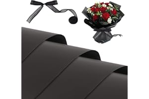 Kosotody 20 Sheets Waterproof Floral Wrapping Paper,Florist Bouquet Packaging Paper with Ribbon, 22.8x22.8 inch (Double Black)…