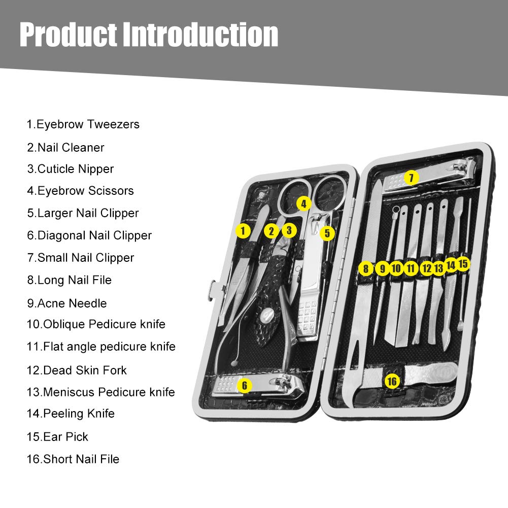 Nail Clippers Set,Nail Clippers Manicure Set,16 pcs Stainless Steel Multi-function Manicure& Pedicure Beauty Set,Nail Scissors Grooming Kit Manicure Includes Trimming Eyebrows,Exfoliating Tools (16pc) (Black) (Black)