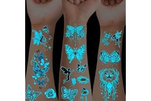 12 Sheets Blue Luminous Butterfly Tattoo Stickers, Glow In The Dark Body Art Stickers With Butterfly Fairy, Flower, Rose, Dai