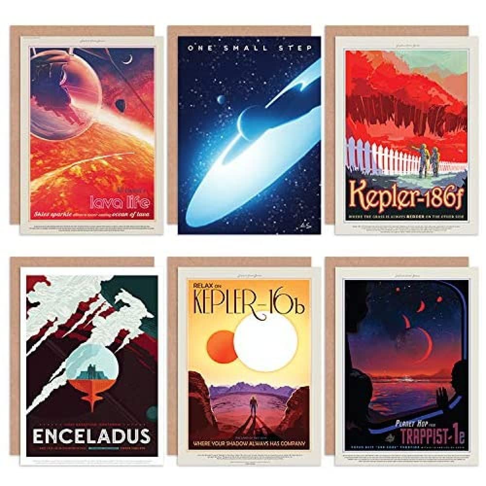 Artery8 NASA Space Travel Tour Lava Life Kepler 186f 16b Enceladus Trappist 1e All Occasions Various Assorted Blank Greeting Cards With Envelopes Pack of 6