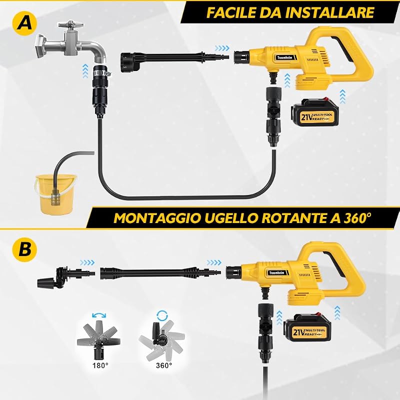 Idropulitrice senza fili, 17 pezzi, 8000 mAh, pressione massima 68 bar, con ugello 6 in 1 e ugello girevole a 180°, idropulitrice portatile per auto, biciclette, giallo limone