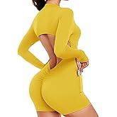 SEASUM Women's Long Sleeve Backless Jumpsuit Side Pocketed Scrunch Butt Sexy Workout Bodysuit Yoga Romper