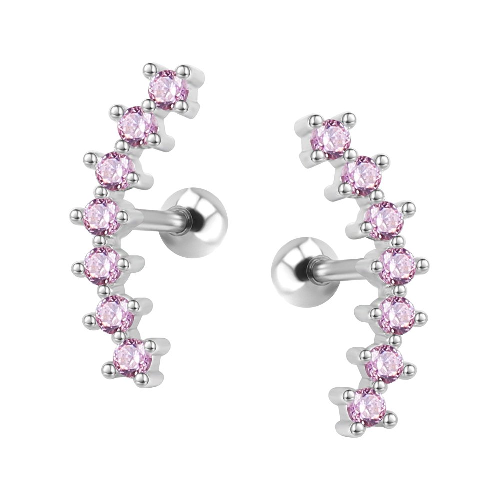 ZS Curve Seven Stud CZ Stud Earrings 316L Stainless Steel Ear Helix Conch Cartilage Piercing (Pink)