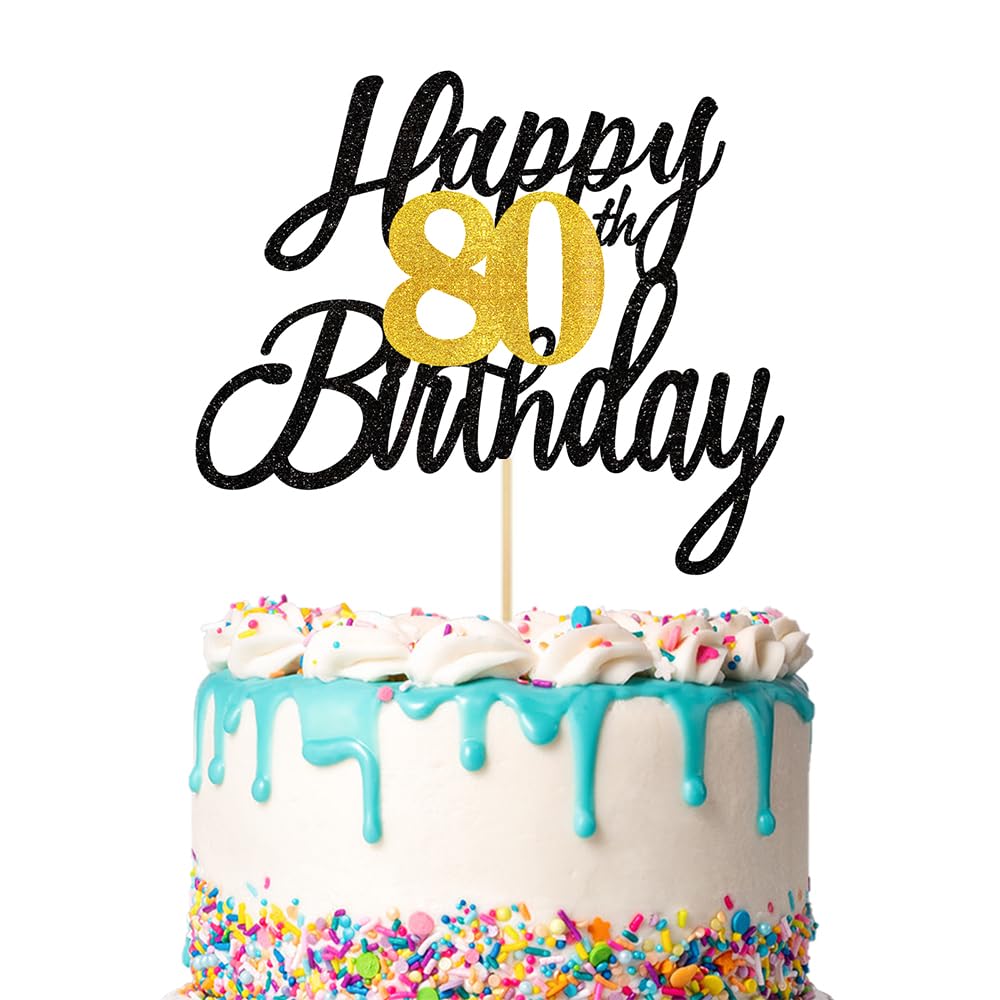 Photo 1 of 1 PCS Happy 80th Birthday Cake Topper Black Gold Glitter, Happy 80th Birthday Party Cake Decorations for Women & Men