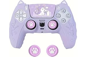 Cute Cat-Themed Silicone Case for PS5 Controller with Thumb Grips and pad Stickers - Soft, Comfortable Protective Cover Set, 