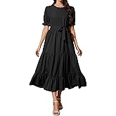 Wldrsd Women's Tiered Midi Dress with Tie Waist Flowy Summer Casual Short Sleeve Boho Swing Dress with Pocket