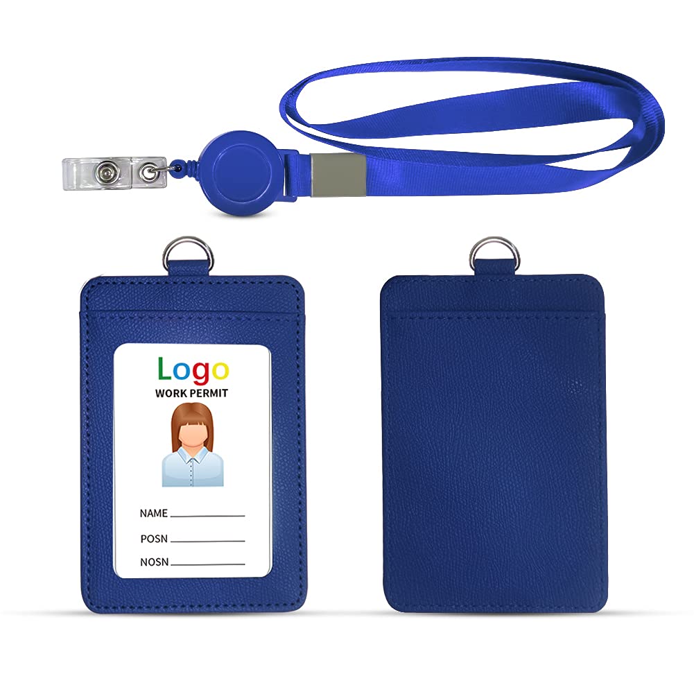 HYCOPROT ID Badge Holder 2-Sided Pu Leather with 1 Id Window and 1 Card Slot and 1 Piece 34.8 Inch Detachable Neck Lanyard id Card Holder for Office School Business Travel Student(Blue, Vertical)