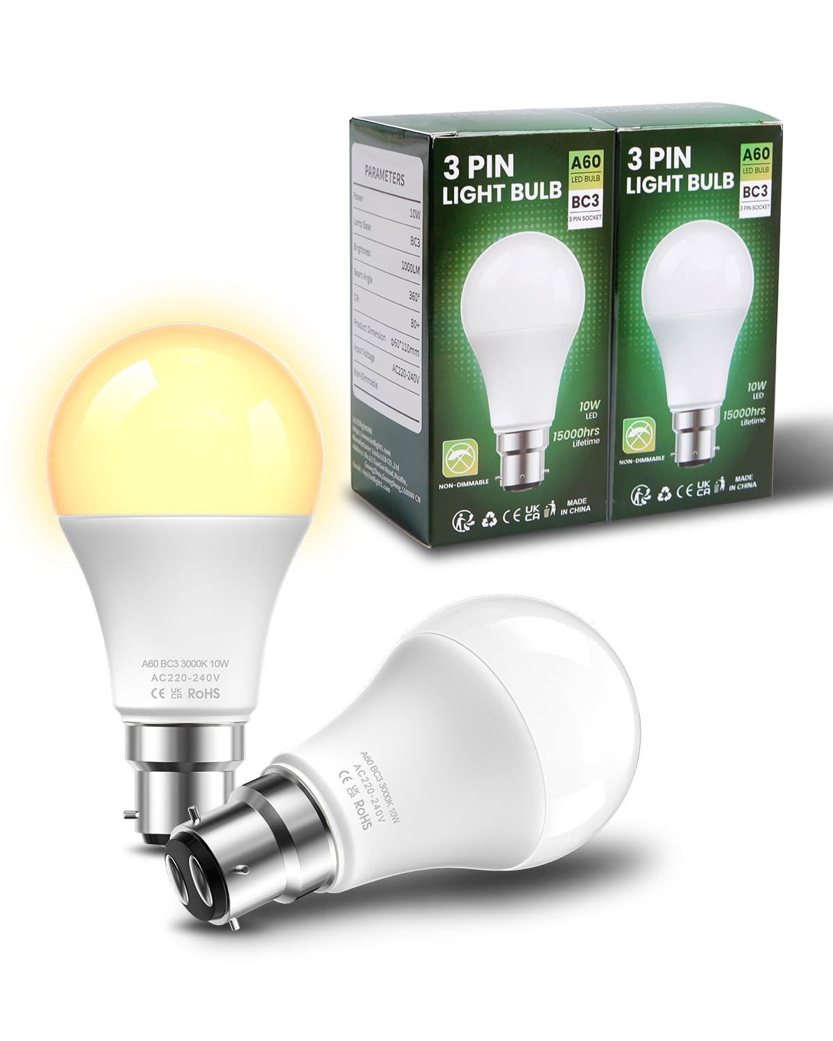 BrightArk BC3 3 Pin LED 10W Energy Saving Light Bulbs Warm White 3000K Non-Dimmable A60 Pin for Ceiling, Landing, Hallway (2 Pcs)
